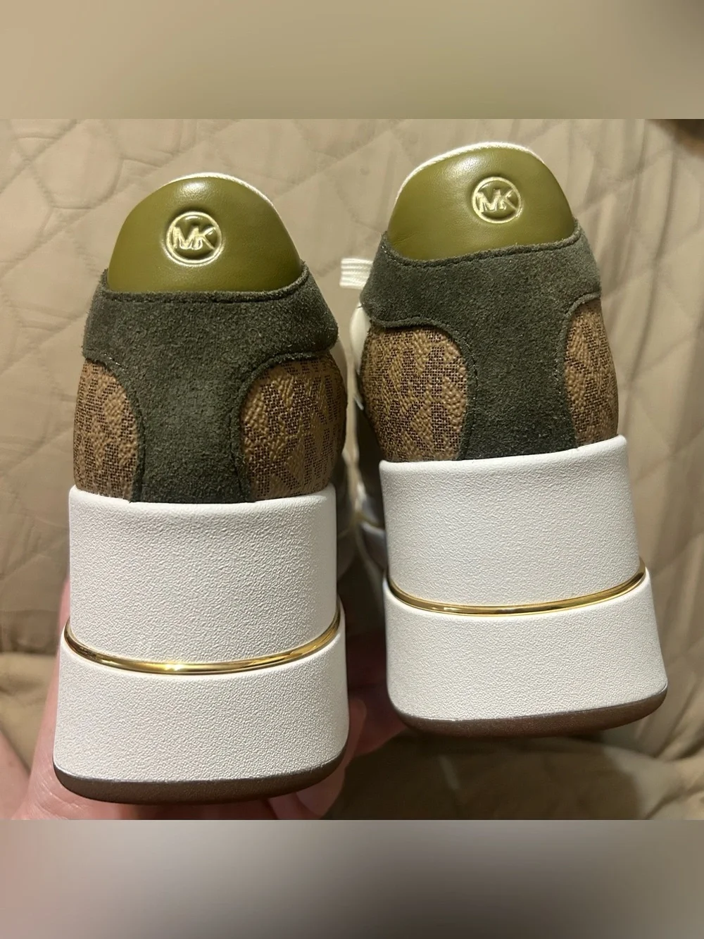 Michael Kors Emmy Mixed Media Wedge Trainer Sneaker Husk Olive Gold 9.5